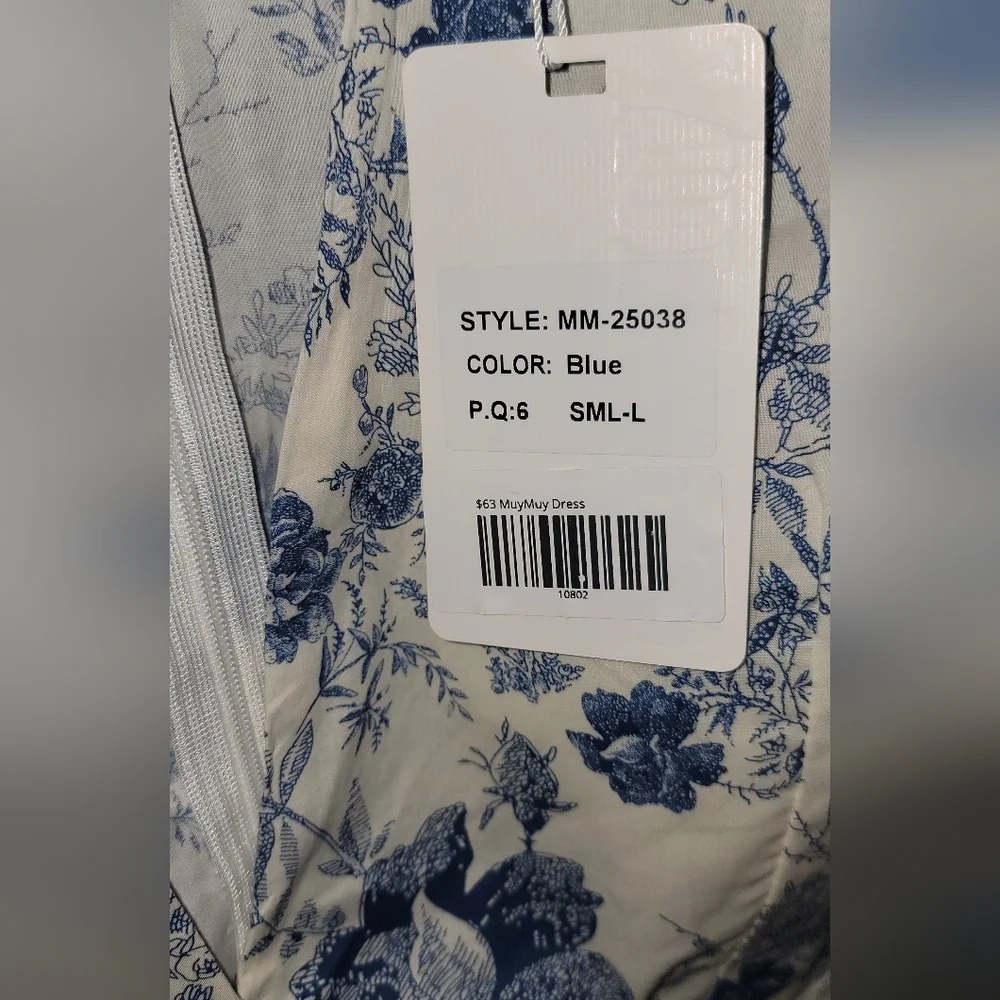 Muy Muy Floral Blue and White Dress Size LARGE - Picture 4 of 5